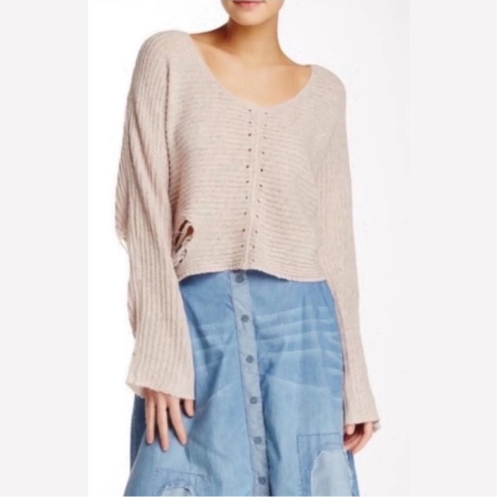 Wildfox Terra Distressed Cropped Ribbed Long Sleeve Sweater ASO Blush Pink Small - Picture 5 of 12